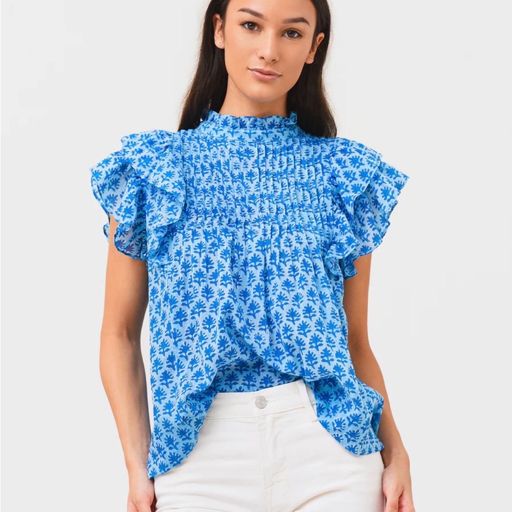 Oliphant Blue Floral Smocked Flutter Sleeve Blouse